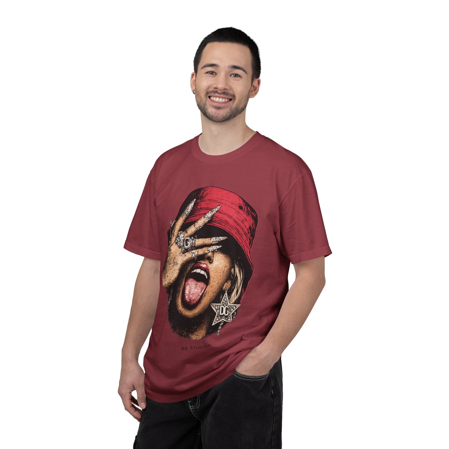 Graphic T-Shirt — Red Bucket Hat Portrait Tee (DG Studios)
