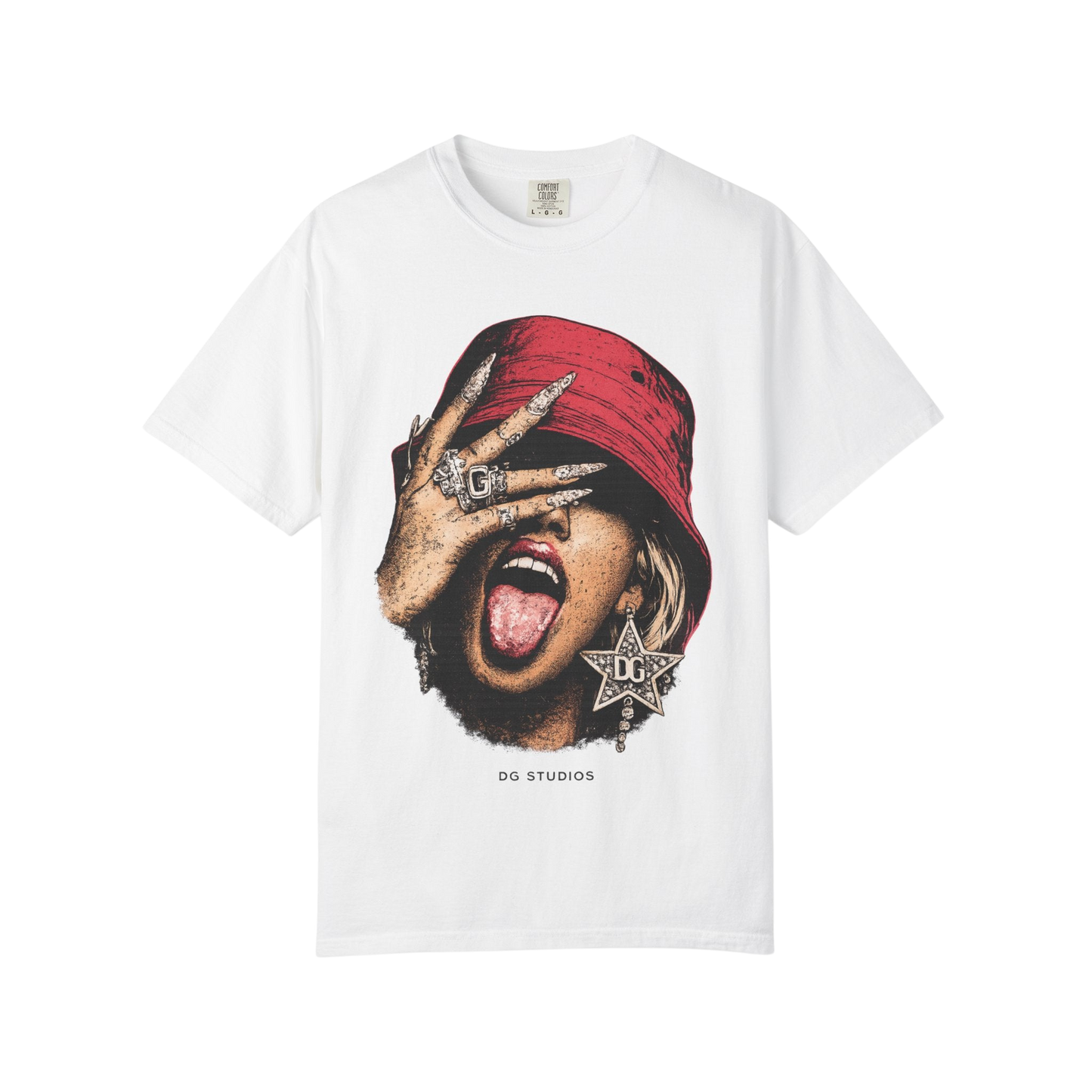 Graphic T-Shirt — Red Bucket Hat Portrait Tee (DG Studios)