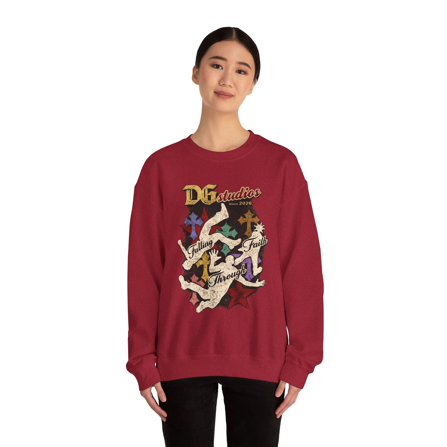 Crewneck Sweatshirt — DG Studios 'Holding Faith Through' Vintage Cross & Dove Design