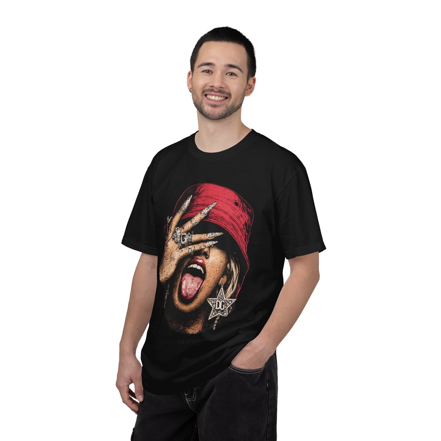 Graphic T-Shirt — Red Bucket Hat Portrait Tee (DG Studios)