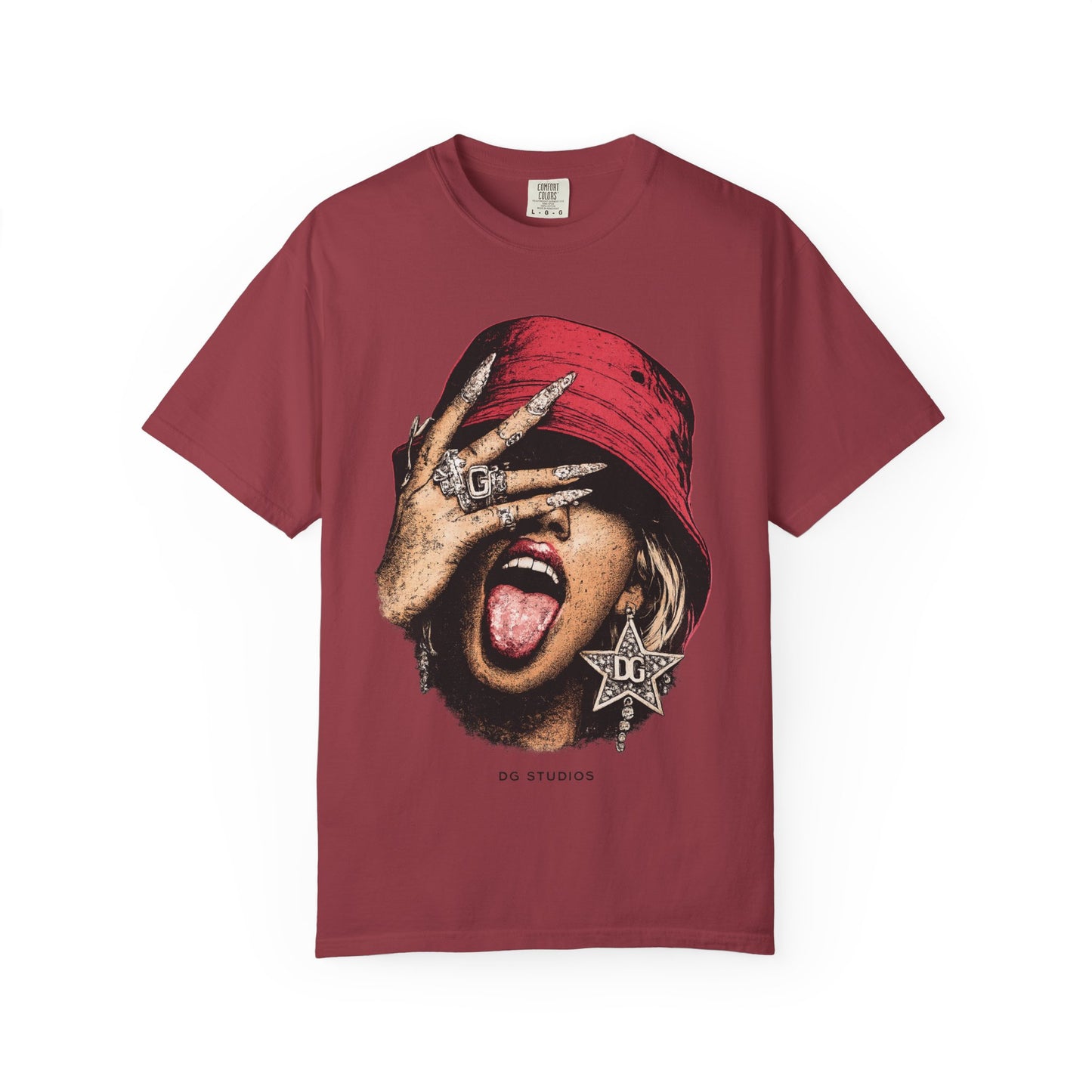 Graphic T-Shirt — Red Bucket Hat Portrait Tee (DG Studios)