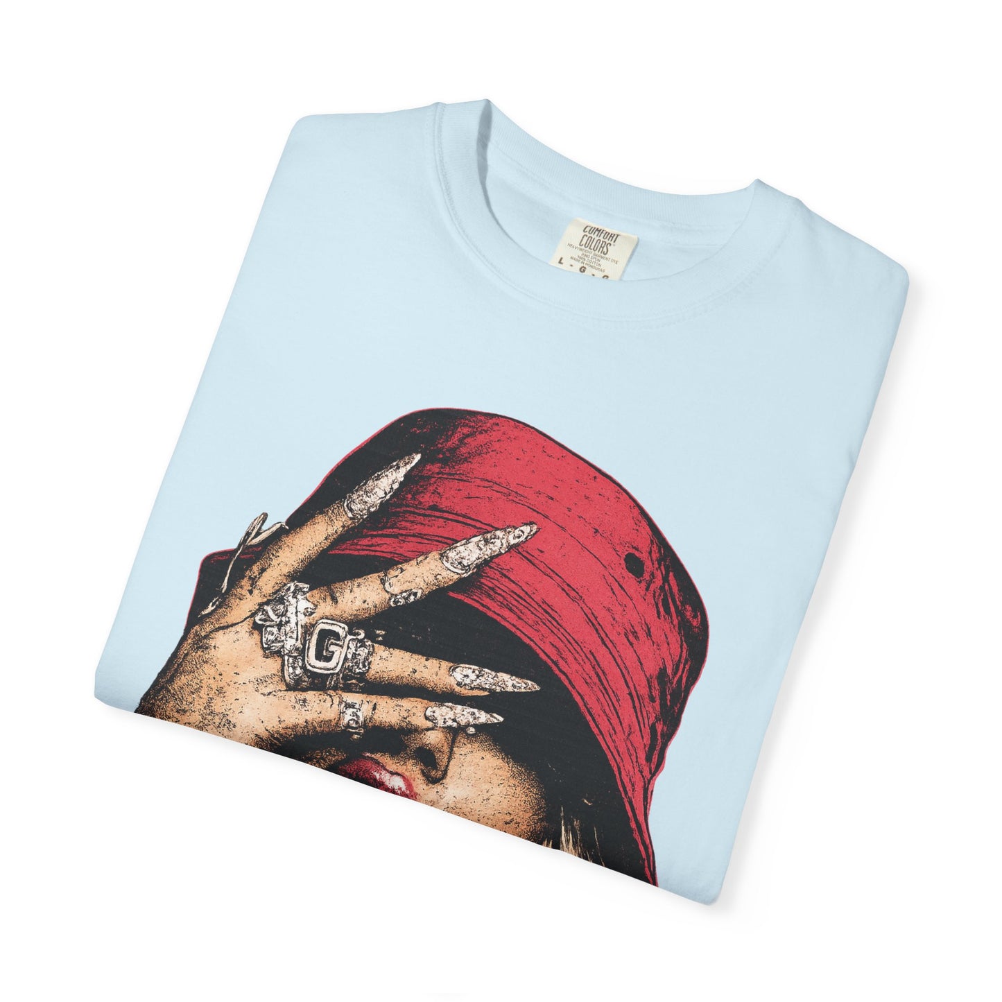 Graphic T-Shirt — Red Bucket Hat Portrait Tee (DG Studios)