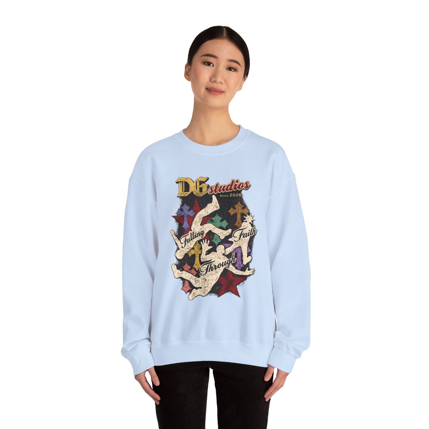 Crewneck Sweatshirt — DG Studios 'Holding Faith Through' Vintage Cross & Dove Design