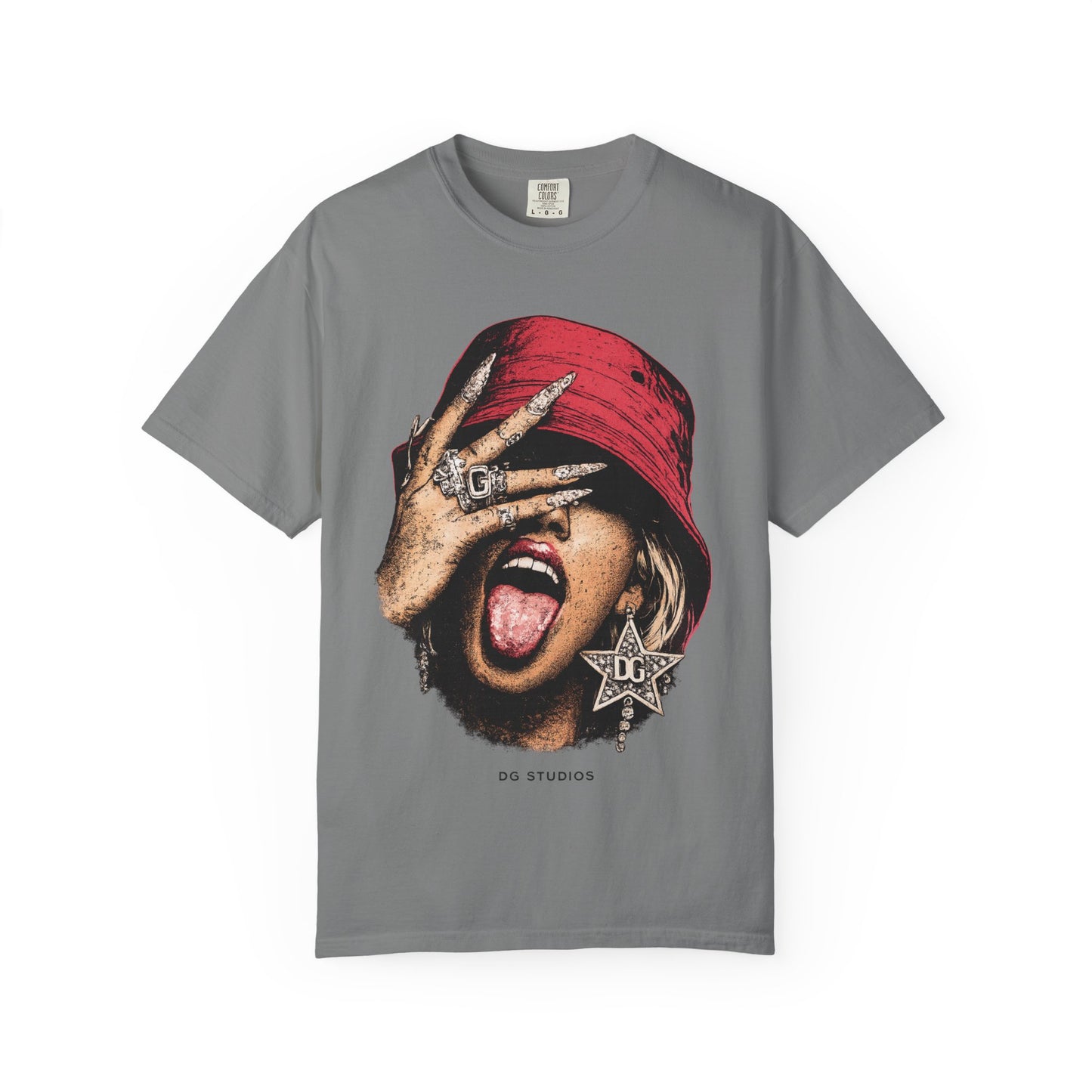 Graphic T-Shirt — Red Bucket Hat Portrait Tee (DG Studios)