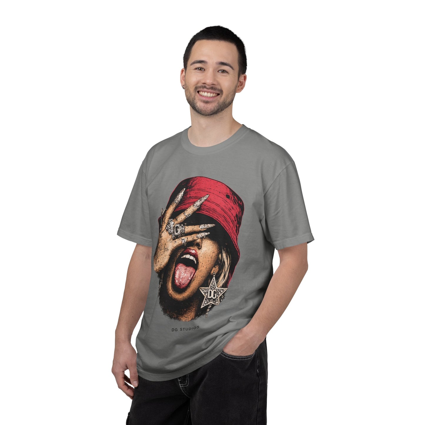 Graphic T-Shirt — Red Bucket Hat Portrait Tee (DG Studios)