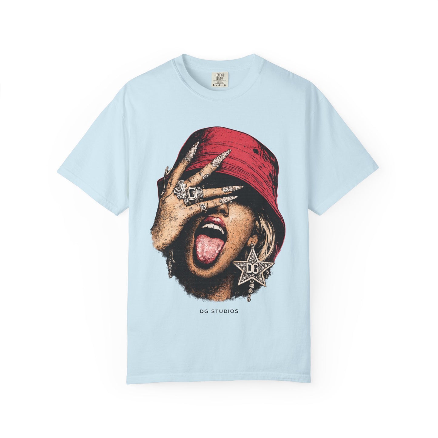 Graphic T-Shirt — Red Bucket Hat Portrait Tee (DG Studios)