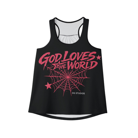 God Loves the World Women's Tank Top — Gothic Spiderweb Faith Graphic
