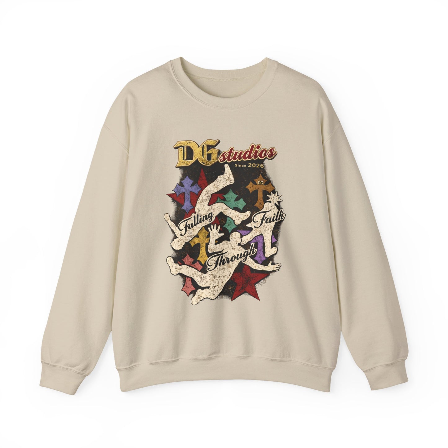 Crewneck Sweatshirt — DG Studios 'Holding Faith Through' Vintage Cross & Dove Design