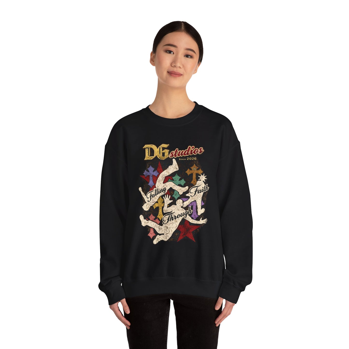 Crewneck Sweatshirt — DG Studios 'Holding Faith Through' Vintage Cross & Dove Design