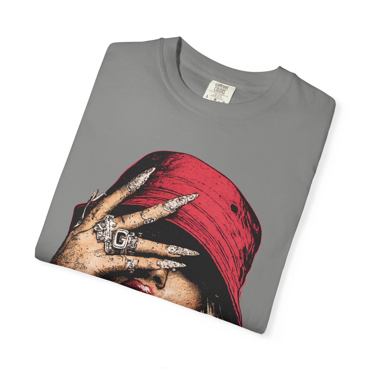 Graphic T-Shirt — Red Bucket Hat Portrait Tee (DG Studios)