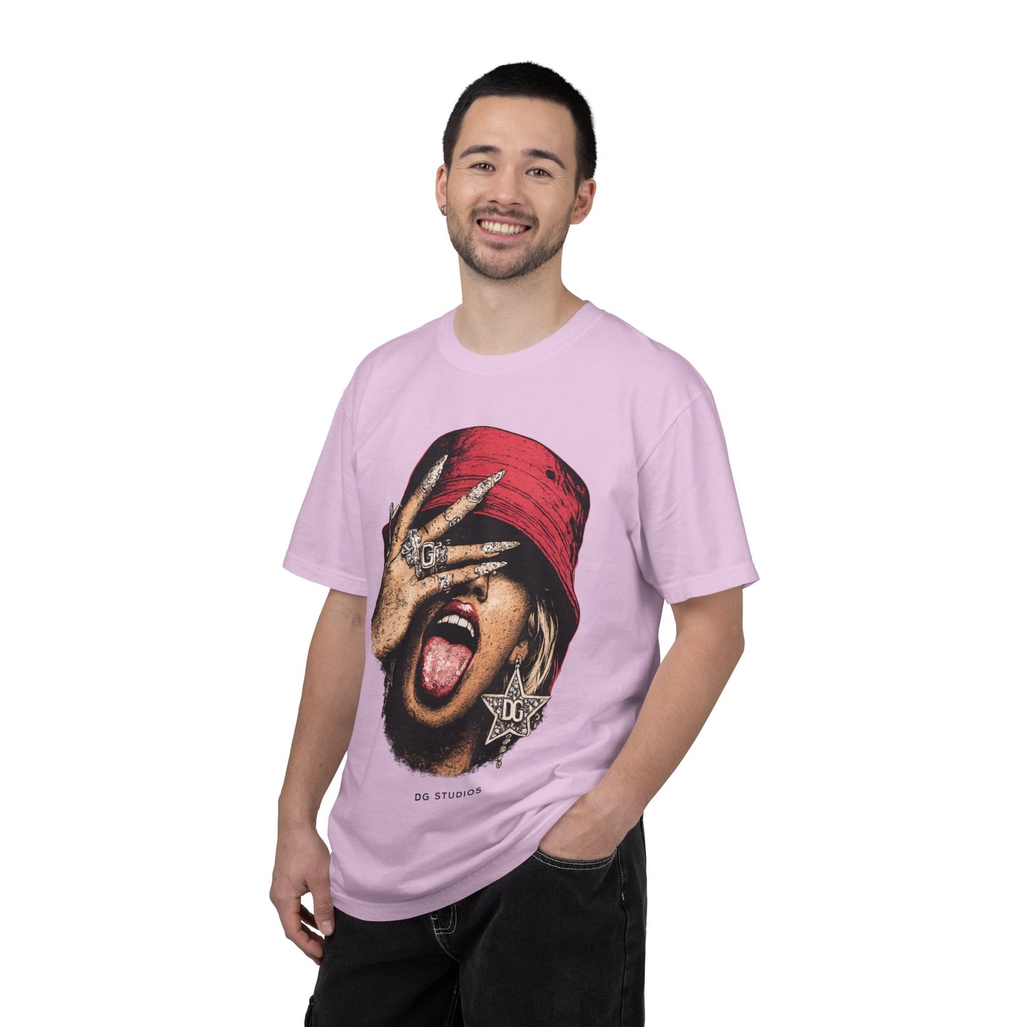 Graphic T-Shirt — Red Bucket Hat Portrait Tee (DG Studios)