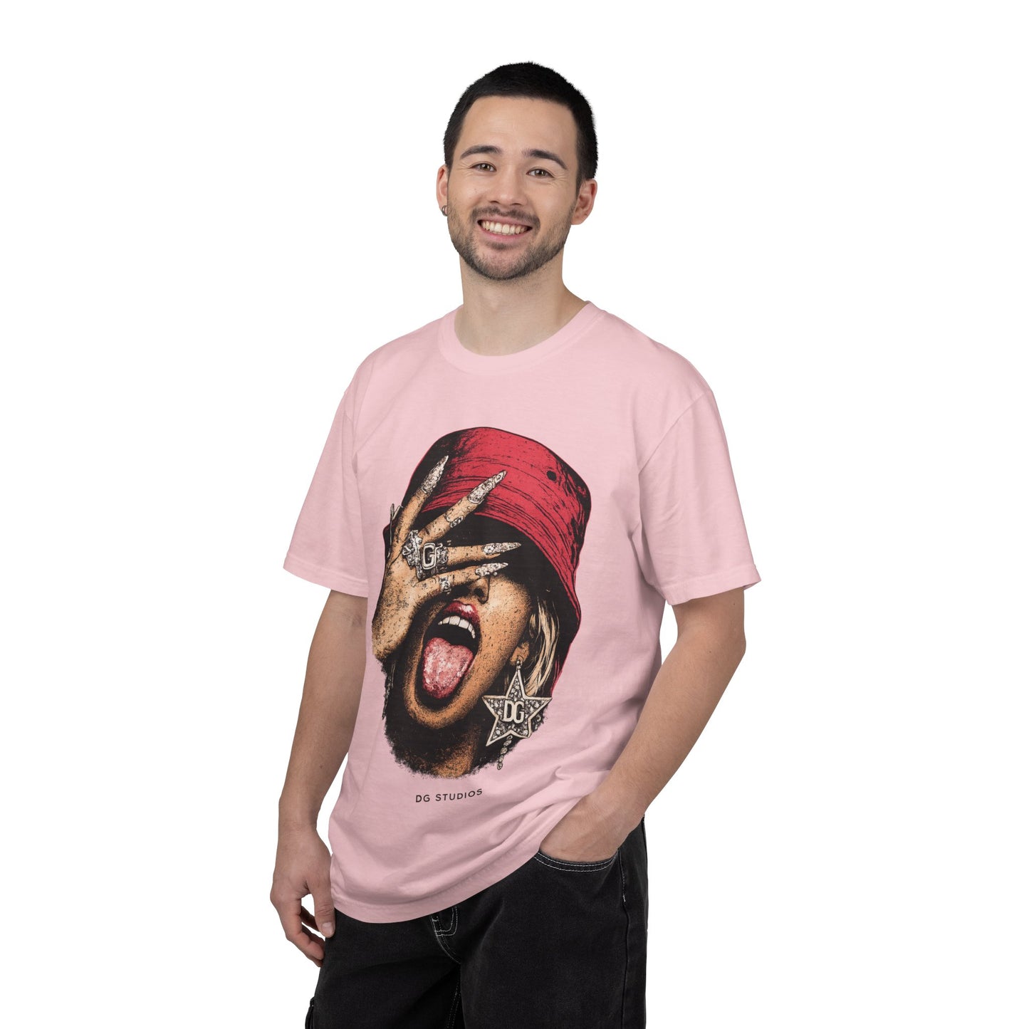 Graphic T-Shirt — Red Bucket Hat Portrait Tee (DG Studios)