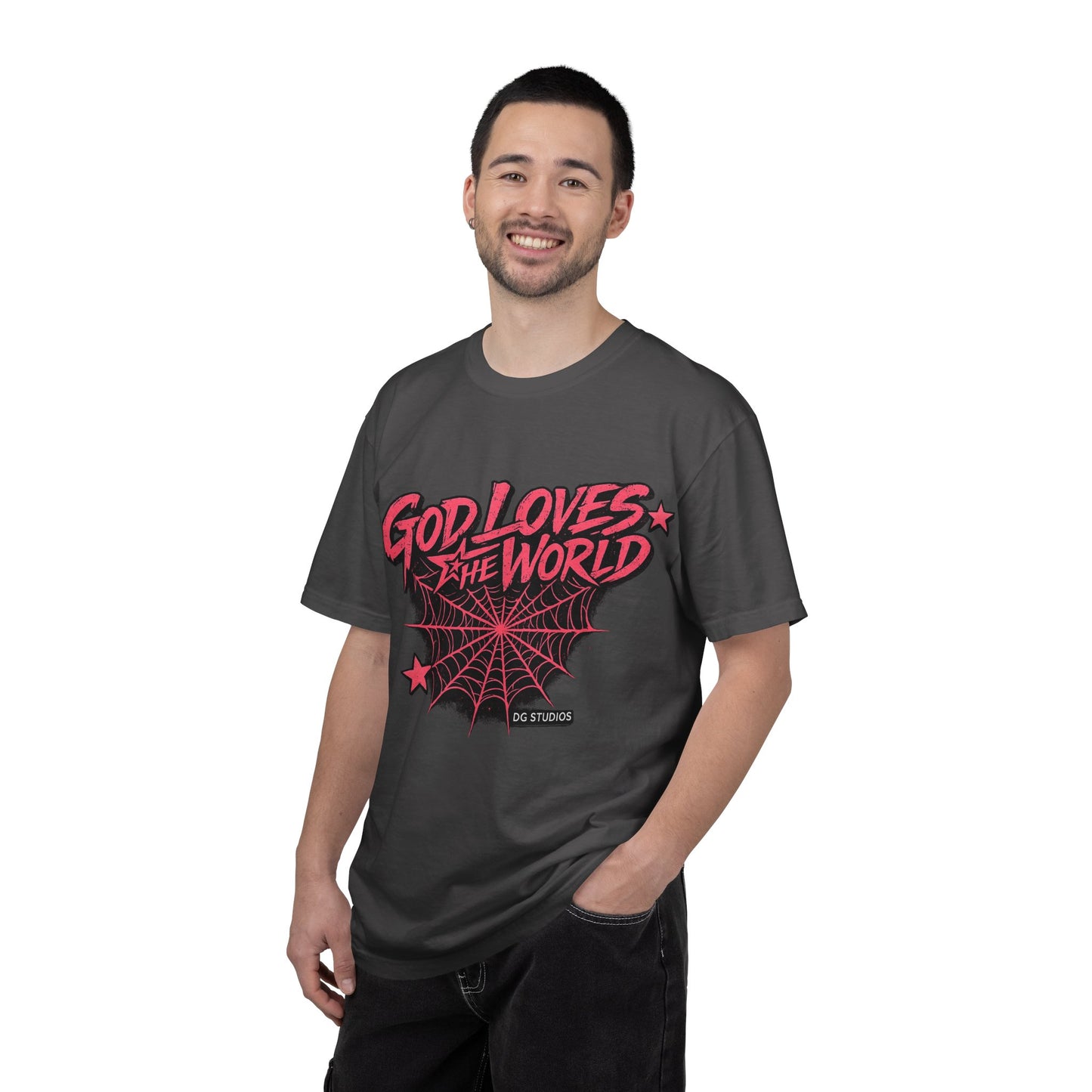 God Loves the World T-Shirt — Retro Spiderweb Graphic Christian Tee