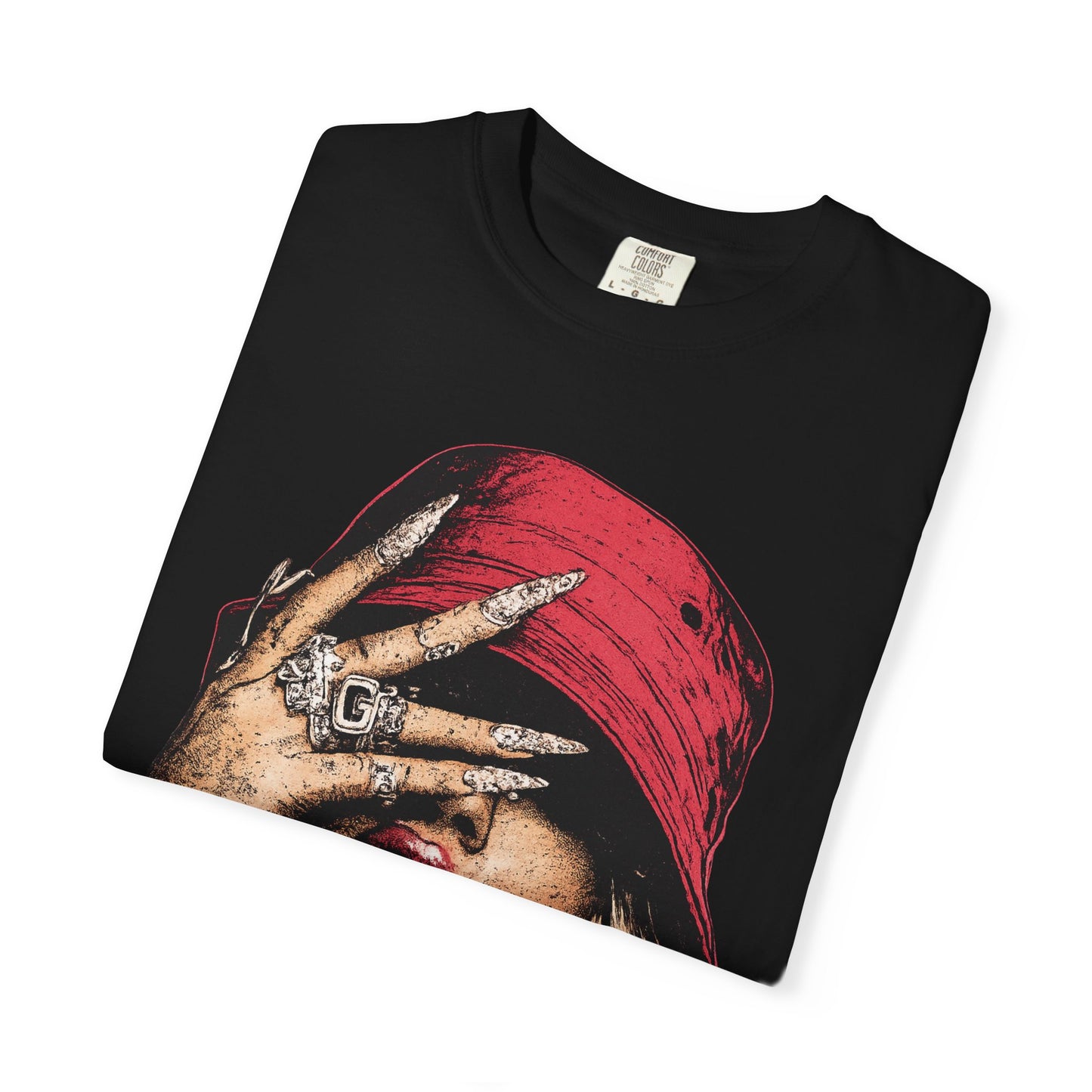 Graphic T-Shirt — Red Bucket Hat Portrait Tee (DG Studios)
