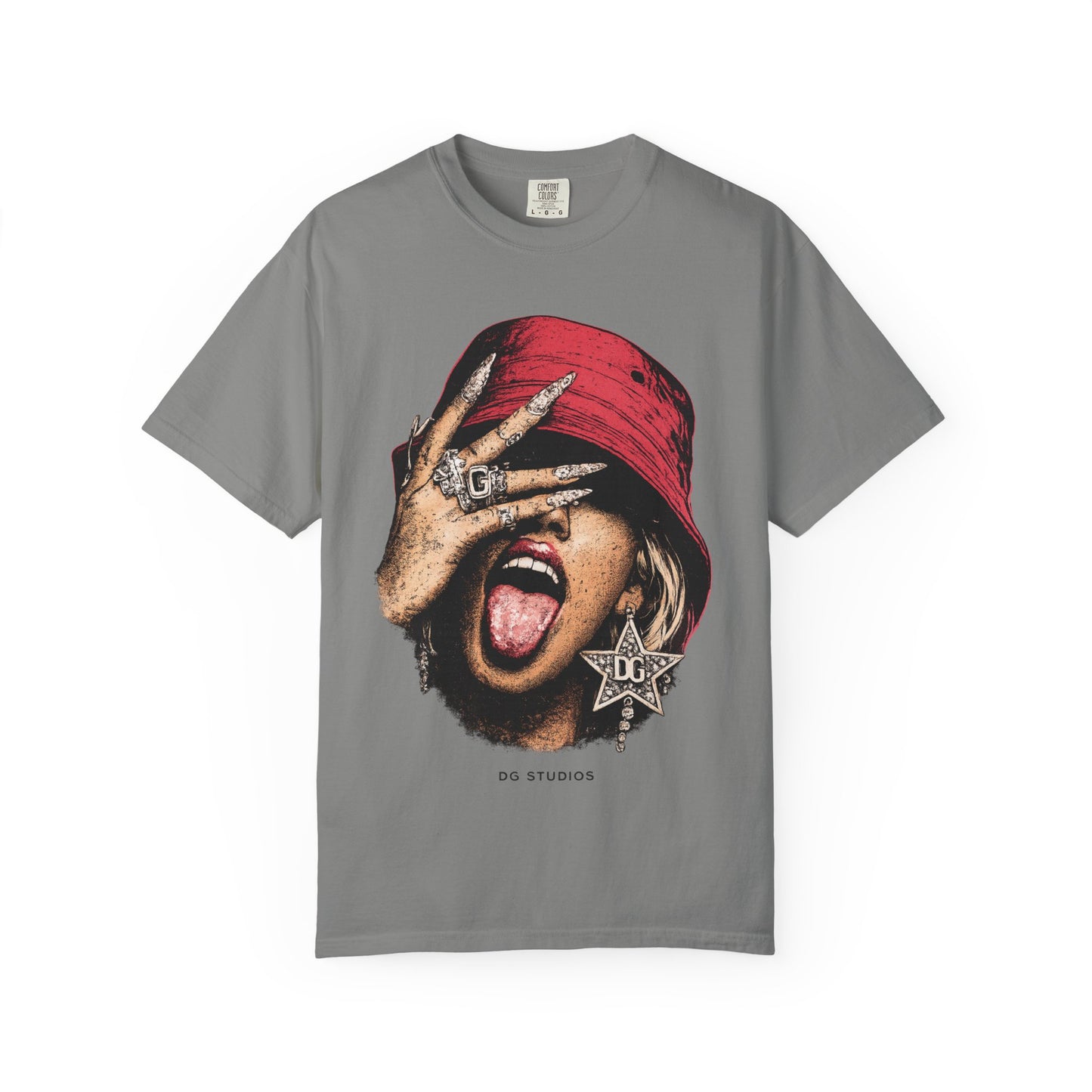 Graphic T-Shirt — Red Bucket Hat Portrait Tee (DG Studios)