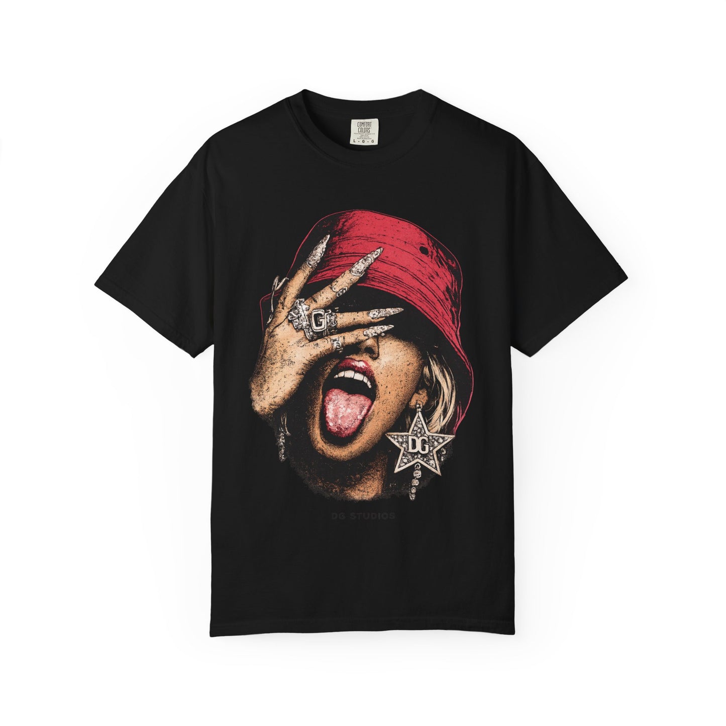 Graphic T-Shirt — Red Bucket Hat Portrait Tee (DG Studios)