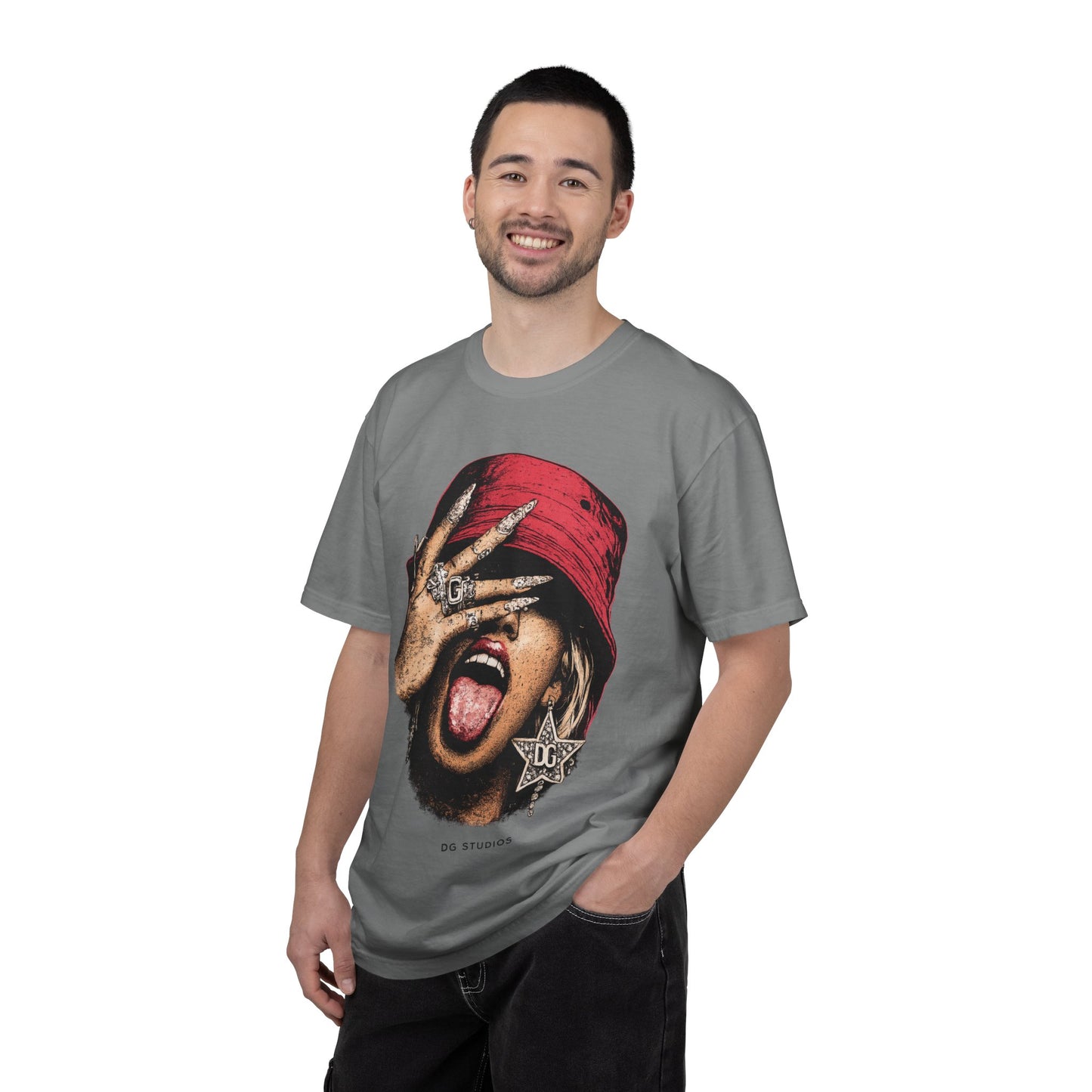 Graphic T-Shirt — Red Bucket Hat Portrait Tee (DG Studios)