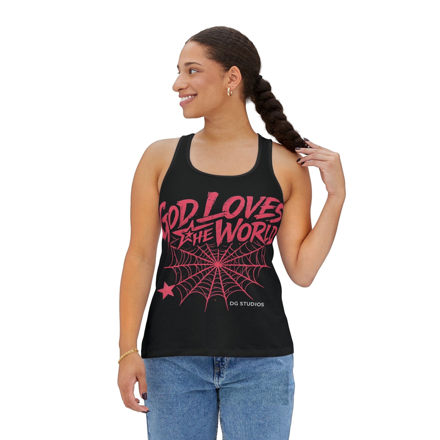 God Loves the World Women's Tank Top — Gothic Spiderweb Faith Graphic