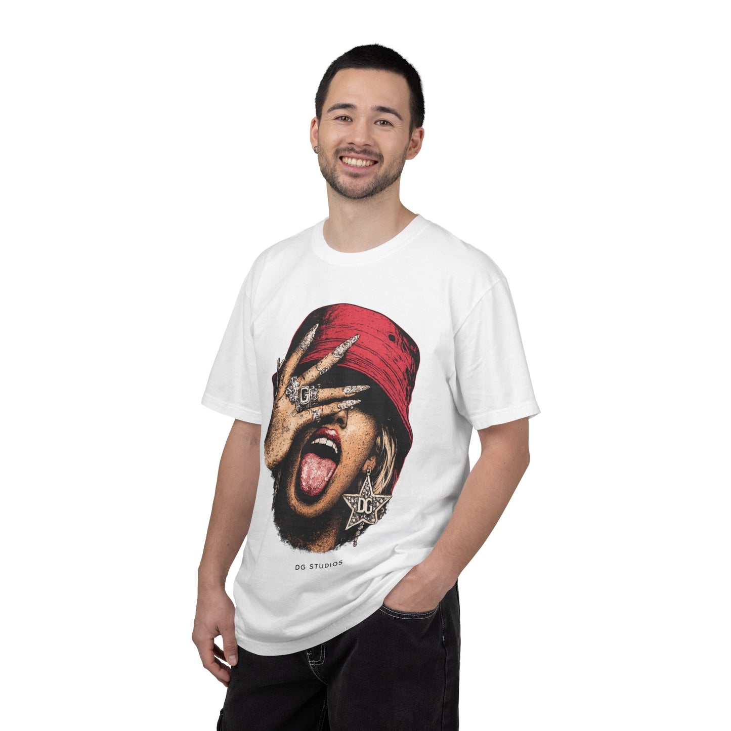 Graphic T-Shirt — Red Bucket Hat Portrait Tee (DG Studios)
