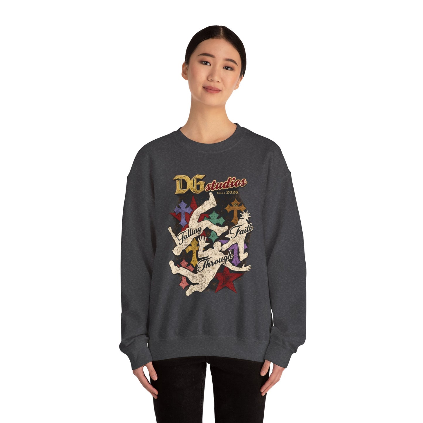 Crewneck Sweatshirt — DG Studios 'Holding Faith Through' Vintage Cross & Dove Design