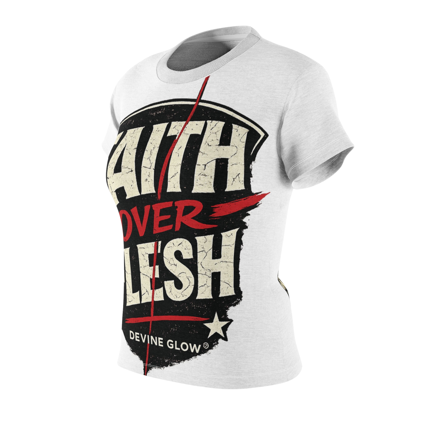 Faith Over Flesh Graphic Tee — Women's Cut & Sew Inspirational Shirt