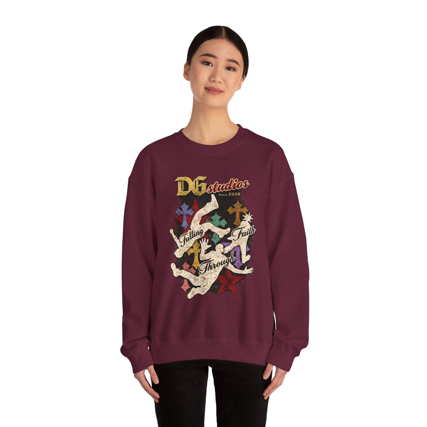 Crewneck Sweatshirt — DG Studios 'Holding Faith Through' Vintage Cross & Dove Design