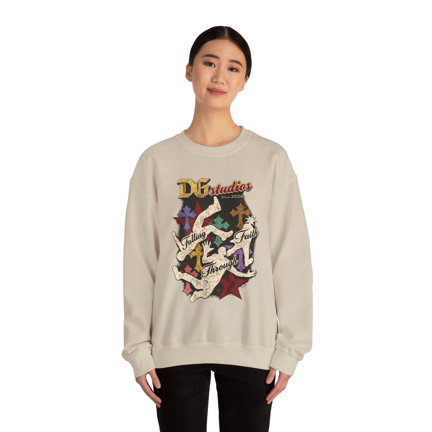 Crewneck Sweatshirt — DG Studios 'Holding Faith Through' Vintage Cross & Dove Design