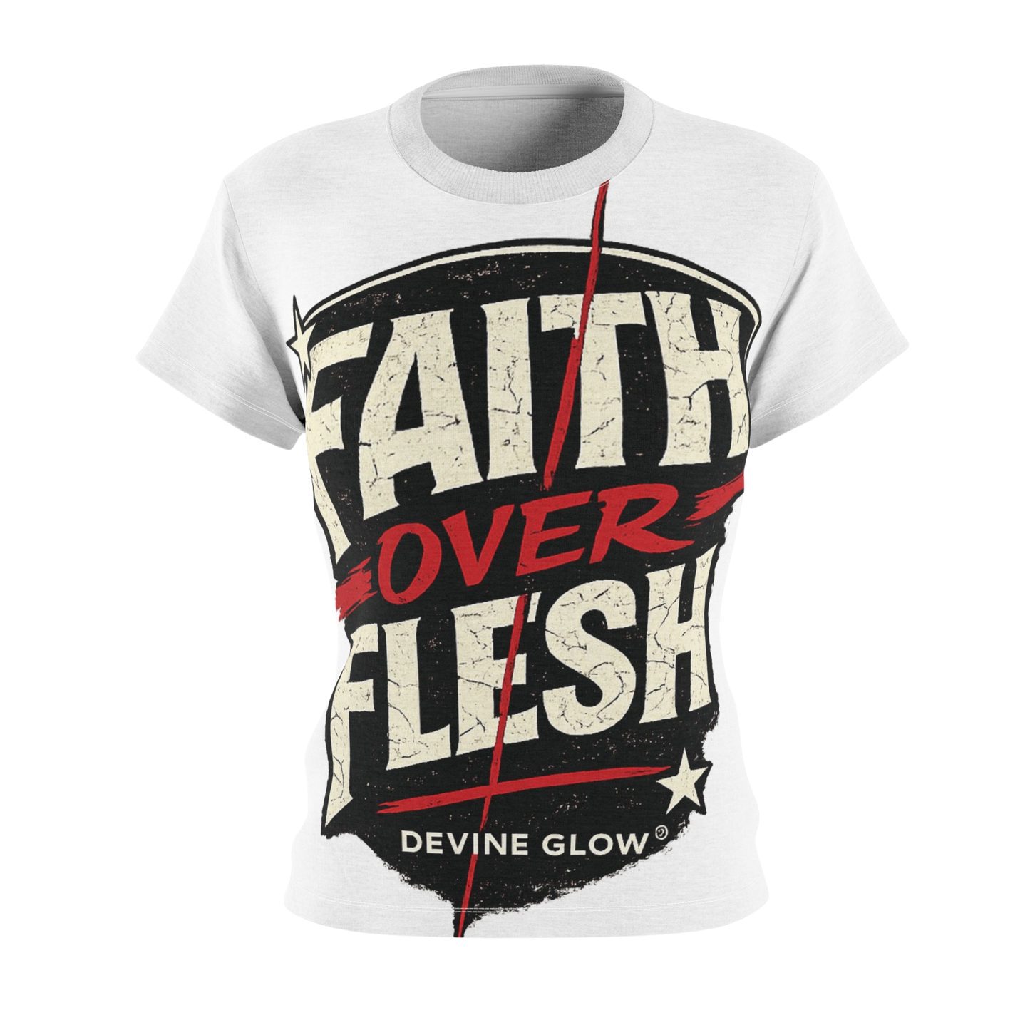 Faith Over Flesh Graphic Tee — Women's Cut & Sew Inspirational Shirt