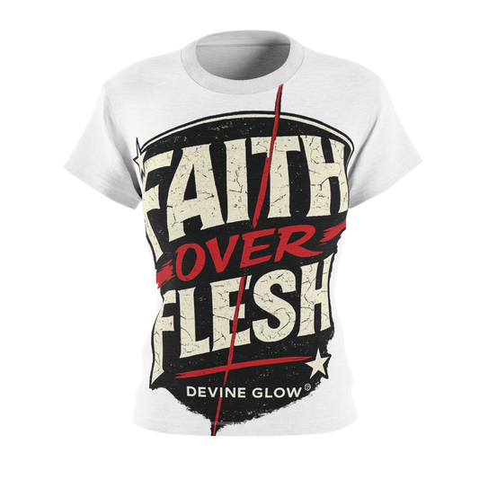 Faith Over Flesh Graphic Tee — Women's Cut & Sew Inspirational Shirt