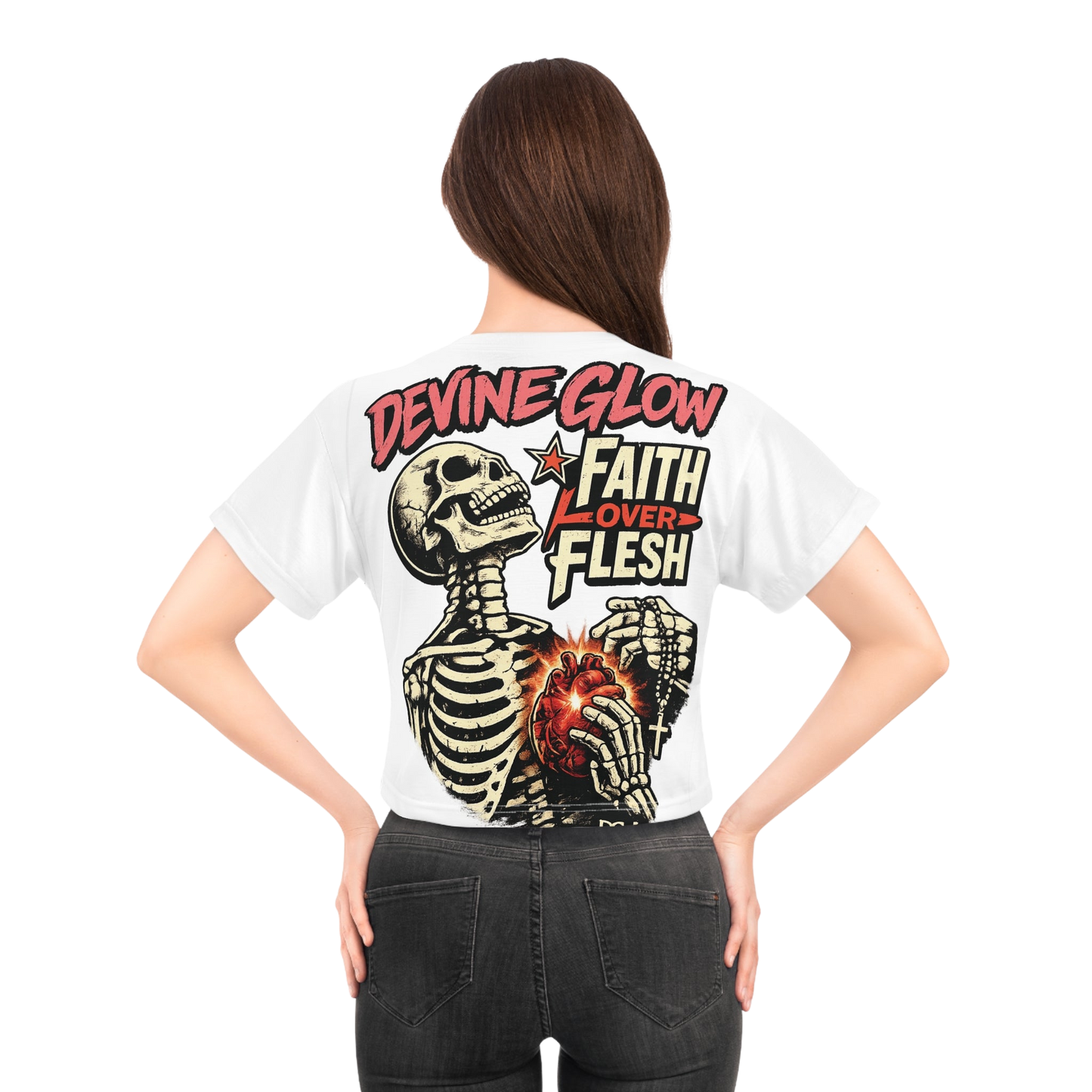 Faith Over Flesh Crop Tee — Devine Glow Skeleton Heart Graphic