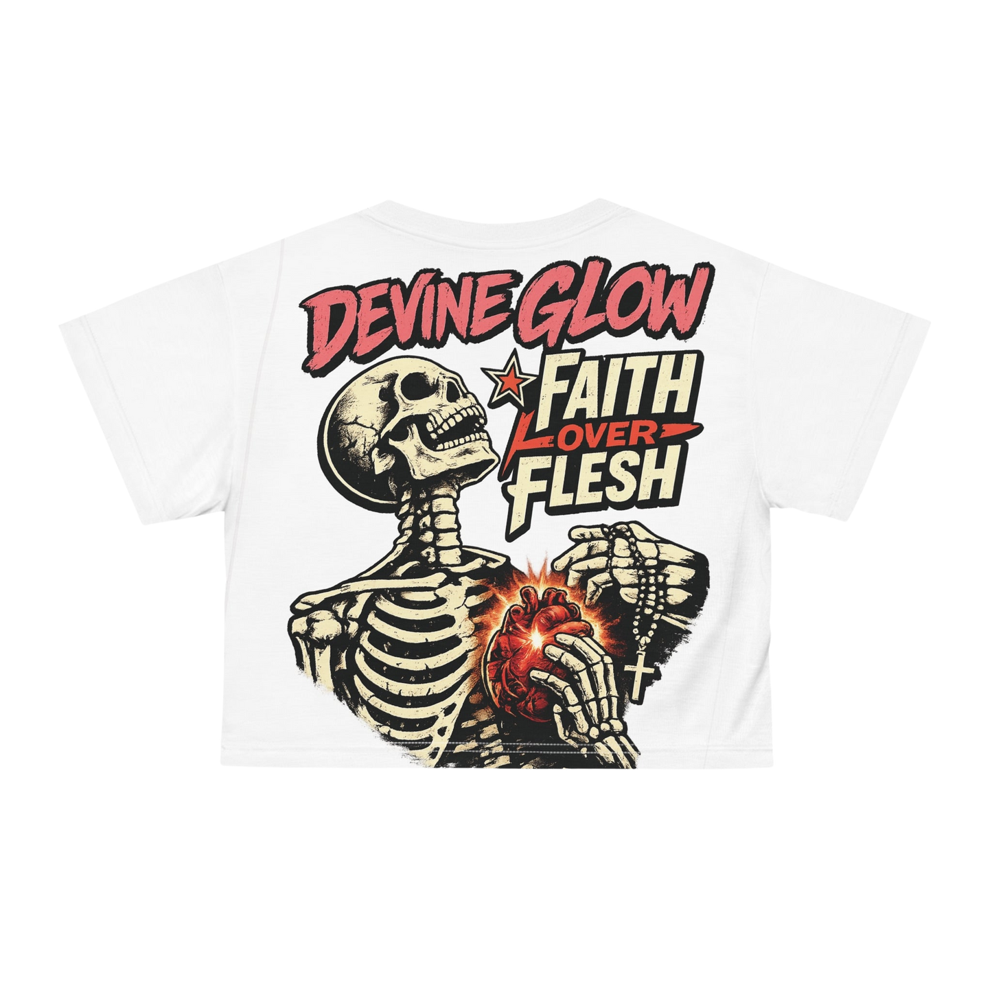 Faith Over Flesh Crop Tee — Devine Glow Skeleton Heart Graphic