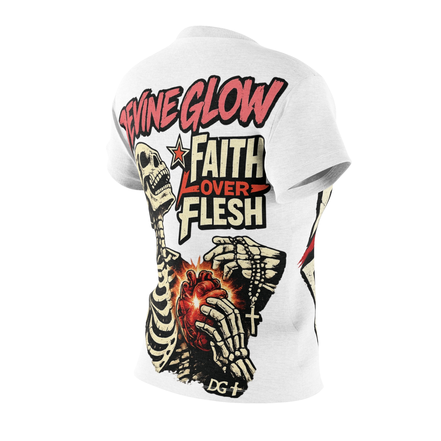 Faith Over Flesh Graphic Tee — Women's Cut & Sew Inspirational Shirt